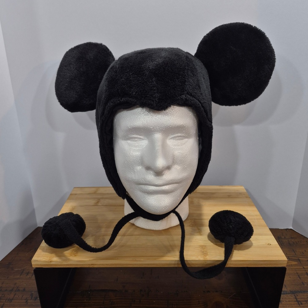 Black Faux Fur Disney MIckey Mouse Hat Laplander Cartoon Kidcore Fun Quirky